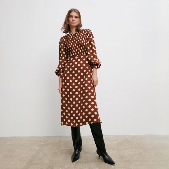 Zara Burgundy Rust Brown & White Polka Dot Smocked Blouson Sleeve Maxi Dress - Picture 8 of 8